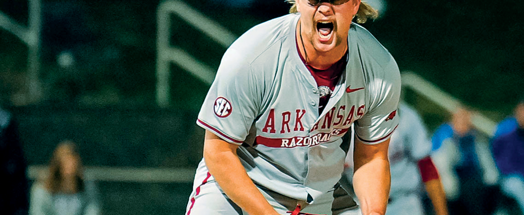 Arkansas pitcher Ethan McElvain screams after throwing a strikeout against Kentucky.