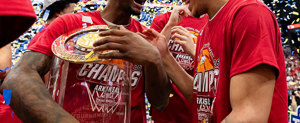 Arkansas celebrates winning the SEC Tournament.