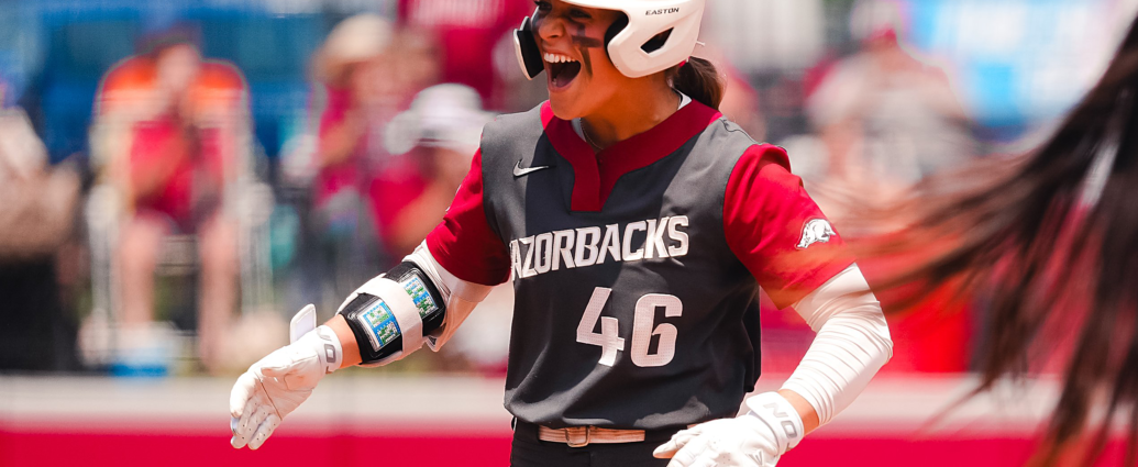 The Arkansas Razorbacks' Kailey Wyckoff celebrates a hit during the 2026 season.