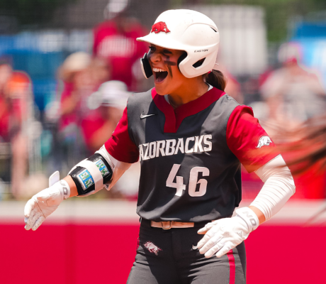 The Arkansas Razorbacks' Kailey Wyckoff celebrates a hit during the 2026 season.