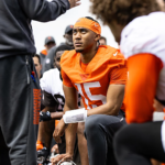 Cleveland Browns quarterback Taylen Green looks on as players are instructed at rookie mini-camp.