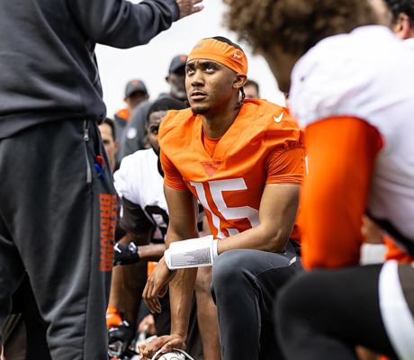 Cleveland Discovers What Others Already Saw in Hogs' QB Cleveland Browns quarterback Taylen Green looks on as players are instructed at rookie mini-camp.