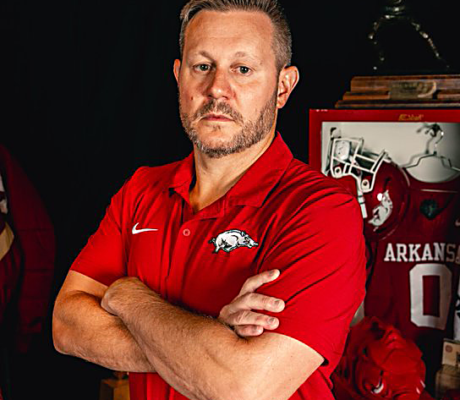 Arkansas football coach Ryan Silverfield puts on a serious face for SEC Media Days.