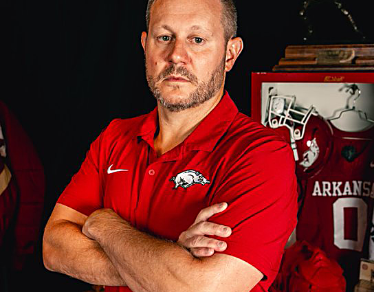 Arkansas football coach Ryan Silverfield puts on a serious face for SEC Media Days.