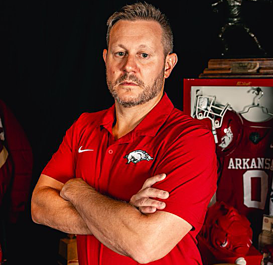 Arkansas football coach Ryan Silverfield puts on a serious face for SEC Media Days.